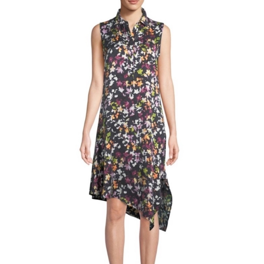 Equipment Tira Sleeveless Floral-Print Silk Dress w/ Asymmetric Hem Size Medium